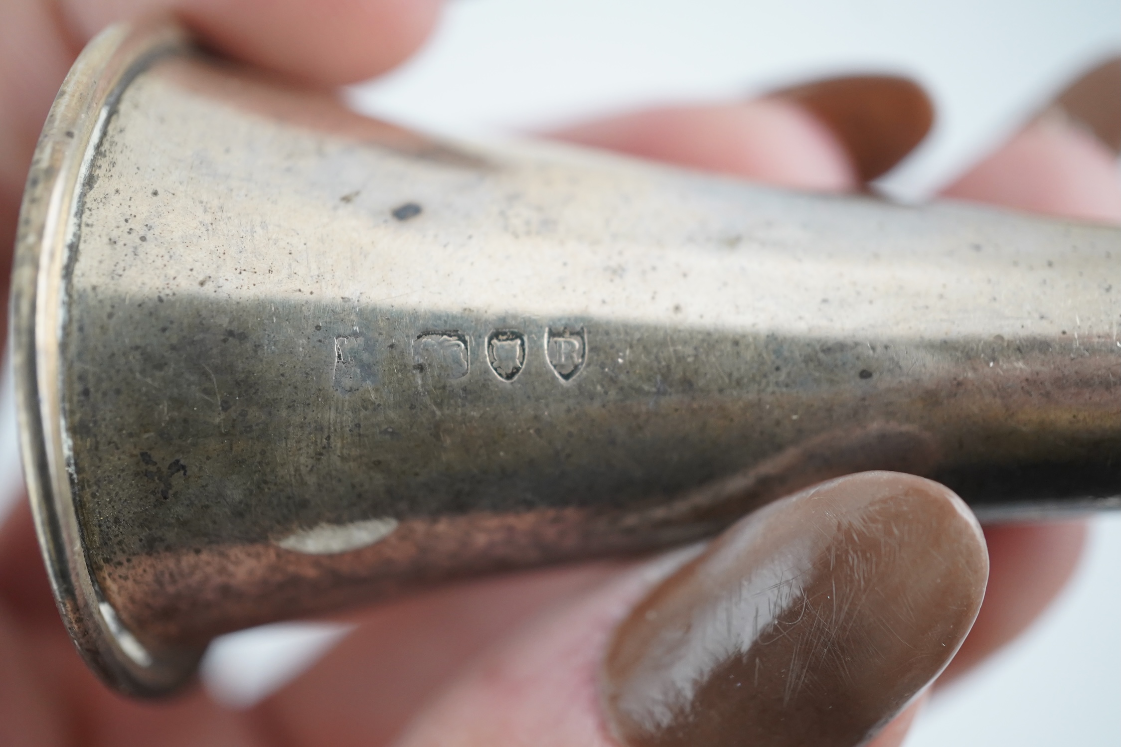 A late Victorian novelty silver club lighter, modelled as a hunting horn, London, 1892, 12cm. Condition - poor to fair